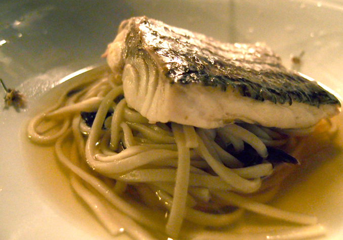 Fave item of the night! Yuzu crusted Steamed Wild Stripe Sea Bass with Udon Noodles and Wood Ear Mushroom Fish Broth